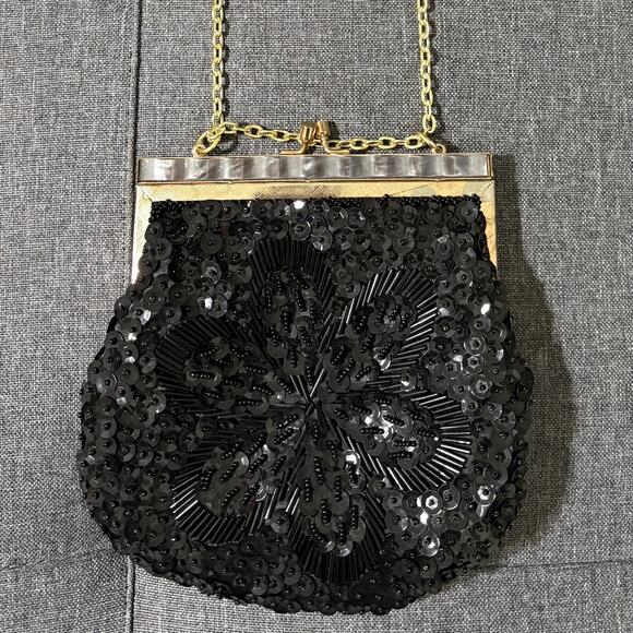 Vintage Rimco Sequin Beaded Clutch Black Chain Strap Resin Detail Made Hong Kong - Picture 1 of 9